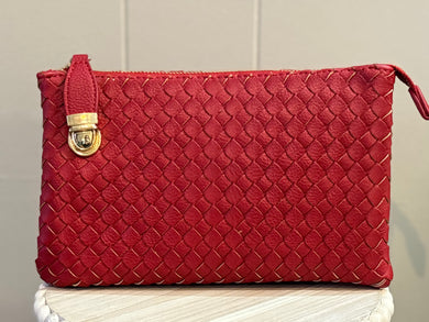 Fashion Woven Clutch Crossbody Bag W/ Push Lock & Zip Top Closure