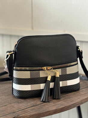 Plaid Check Colorblock Tassel Zipper Dome Crossbody Bag